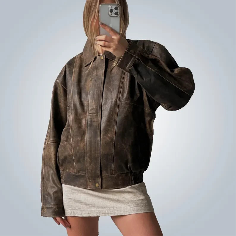 1980s Oversized Retro Distressed Brown Vintage Handmade Real Leather Jacket Wome