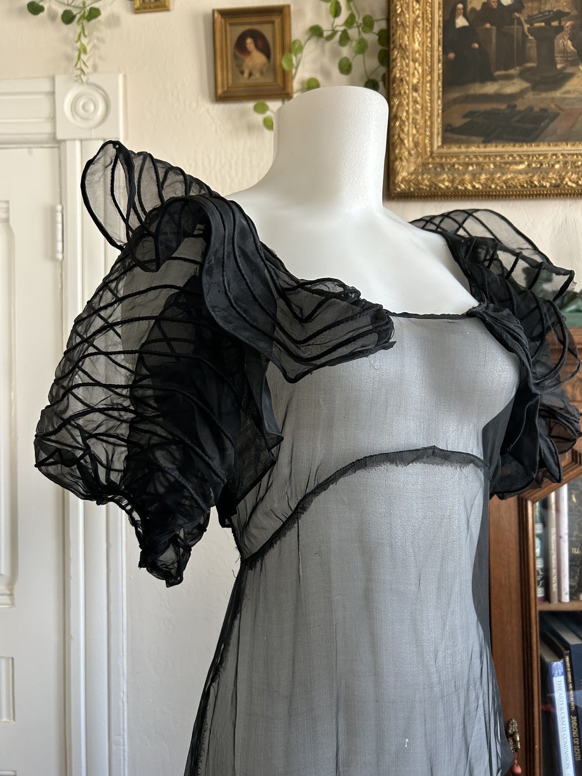Vintage 1930s Sheer Black Mesh Net Gown Dress Bolero Set Bias Cut Deco Maxi S/M