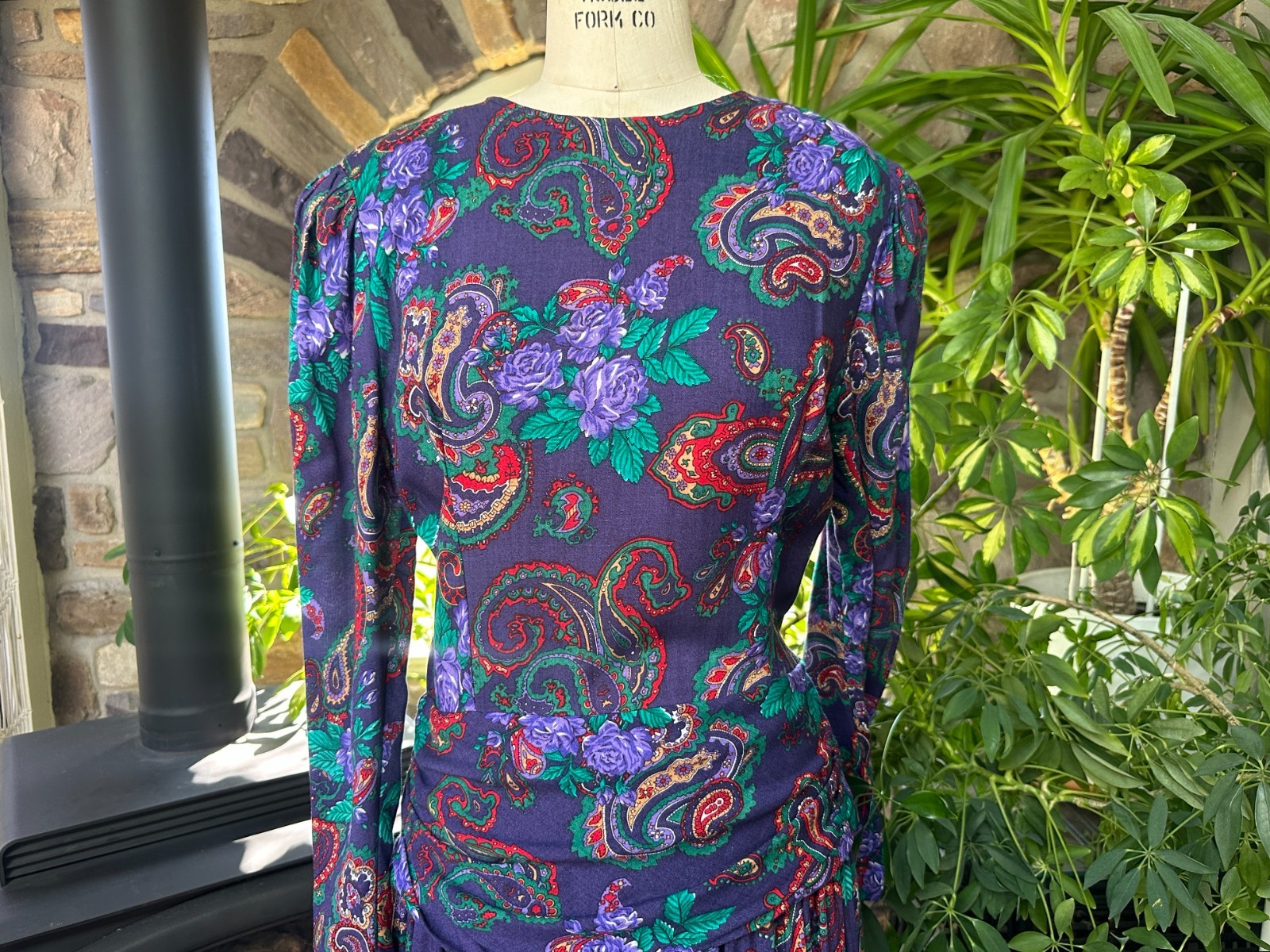 Vintage 1980s Purple Green and Red Paisley Rayon Dress Expo