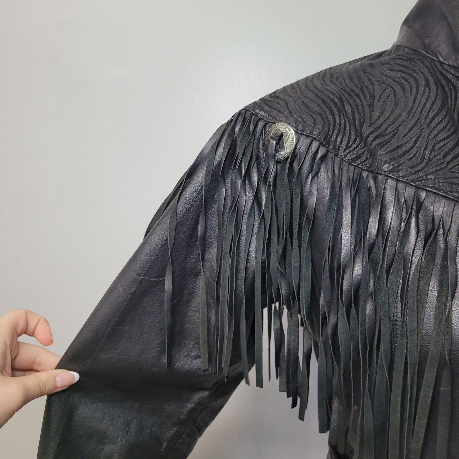 Vintage Black Leather Fringe Western Jacket Zebra Embossed Concho Cropped 90s
