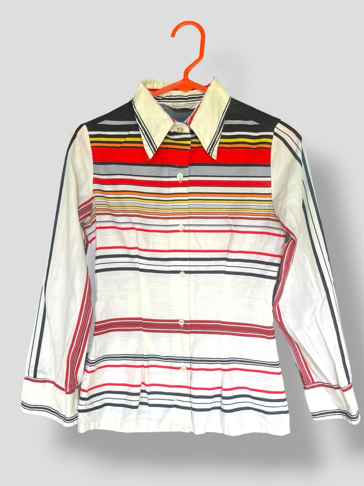 Vintage 1970s Womens Shirt Blouse Red White Blue Striped Collars & Cuffs M Mod