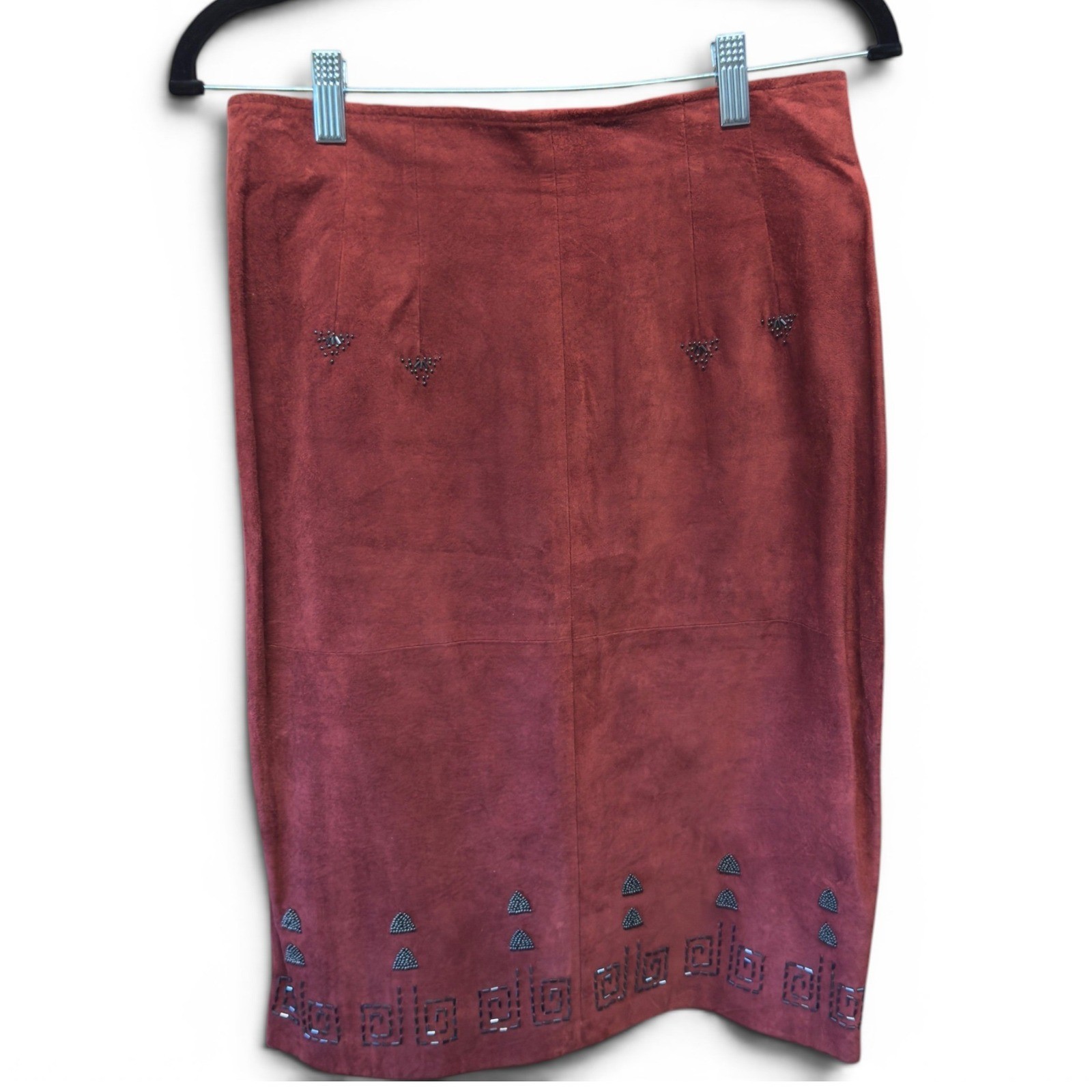 Pia Rucci Vintage Red Suede Leather Beaded Pencil Skirt Size 10 Rust Boho Midi