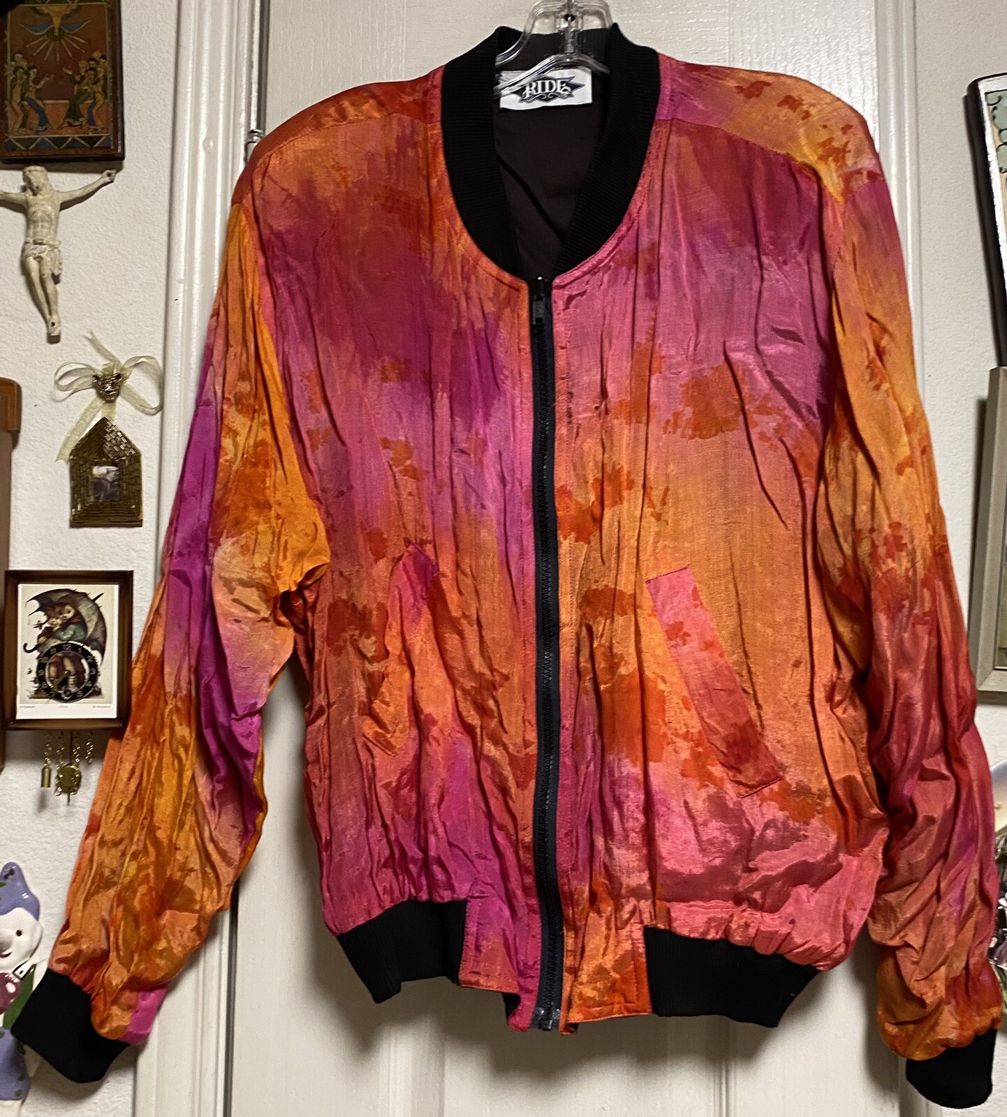 Vintage RIDE Rayon/Cotton Fuchsia Orange & Black Bomber Jacket W/Shoulder Pads