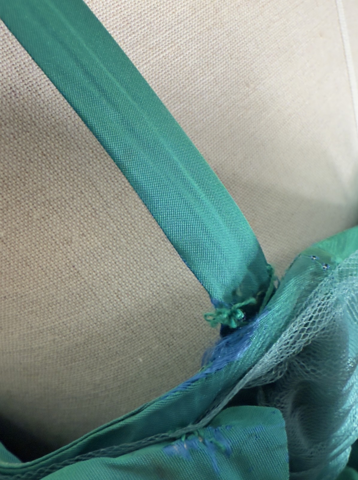 1950s Vintage Fred Perlberg Aqua Satin Cocktail Dress With Beaded Crumb Catcher