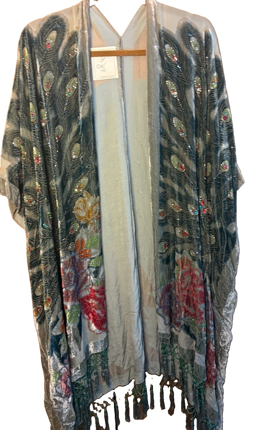 Kimono Duster Jacket Peacock Floral Velvet Beaded Burnout Coverup OS L/XL/1X/2X