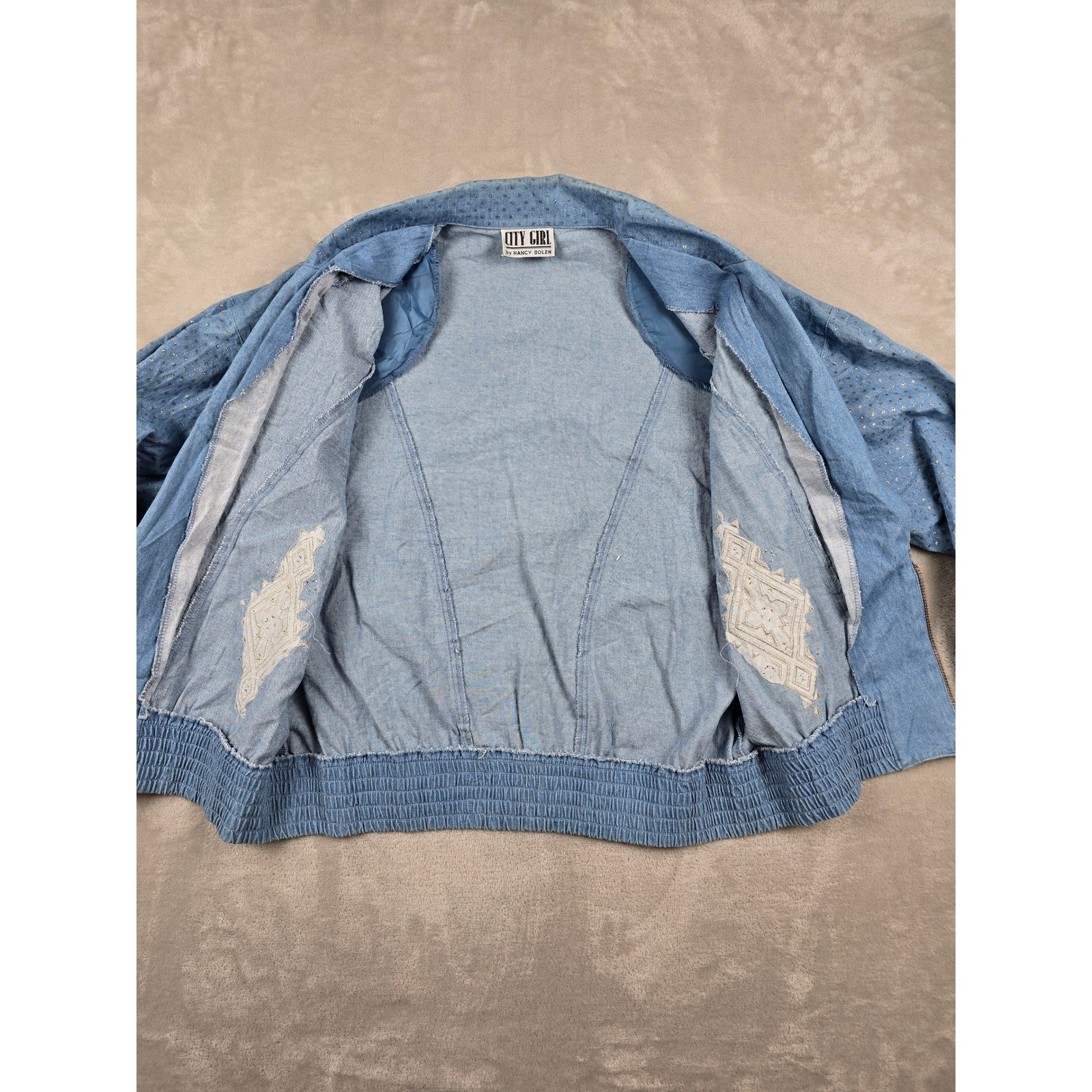 Vintage City Girl Blazer Womens L/XL Blue Gold Studded 80s Talon Zip *Read