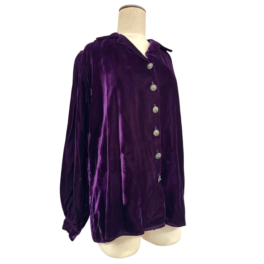 Vintage 1970s Purple Velvet Silver Concho W Turquoise Button Long Sleeve Top