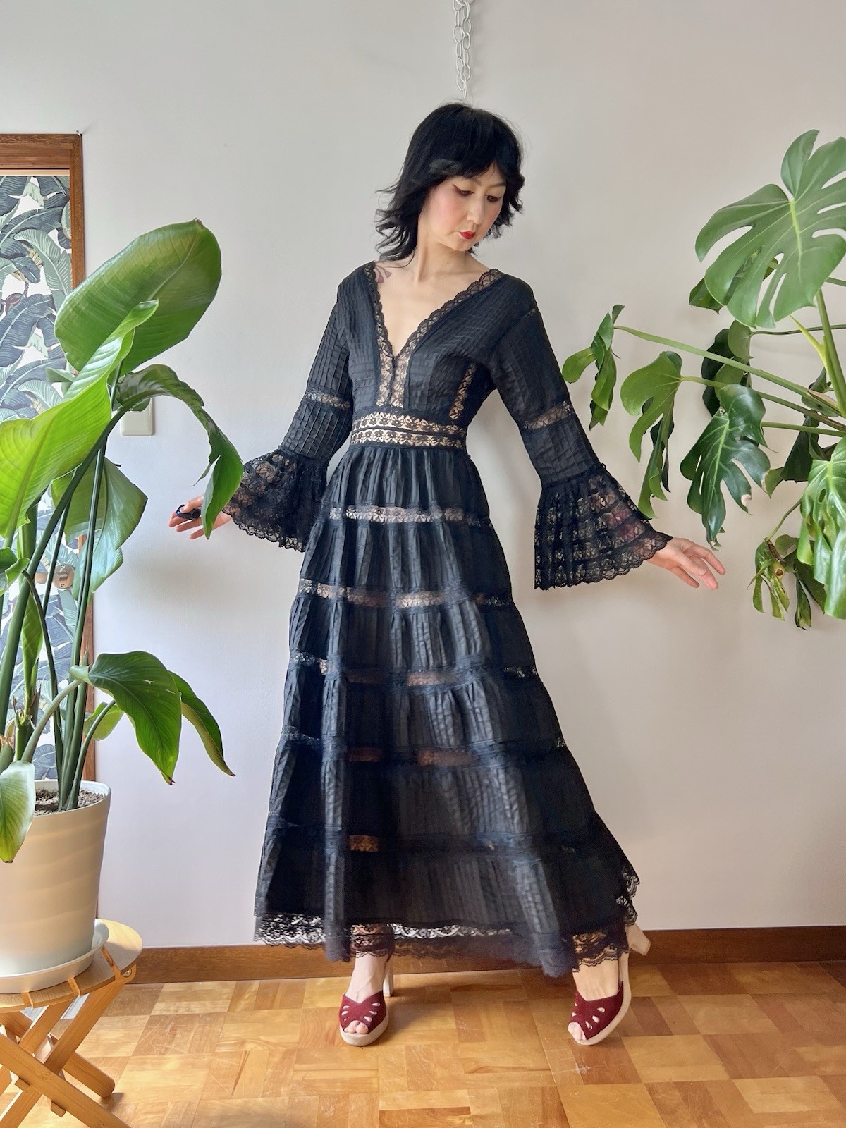 VTG 60s Mexican Wedding Dress Black Lace Pintuck Bell Sleeve Maxi S/M Boho Hippy