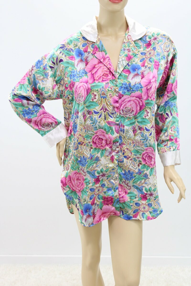 Vtg Victorias Secret Softest Satin Night Shirt Nightgown Button Pink Floral S M