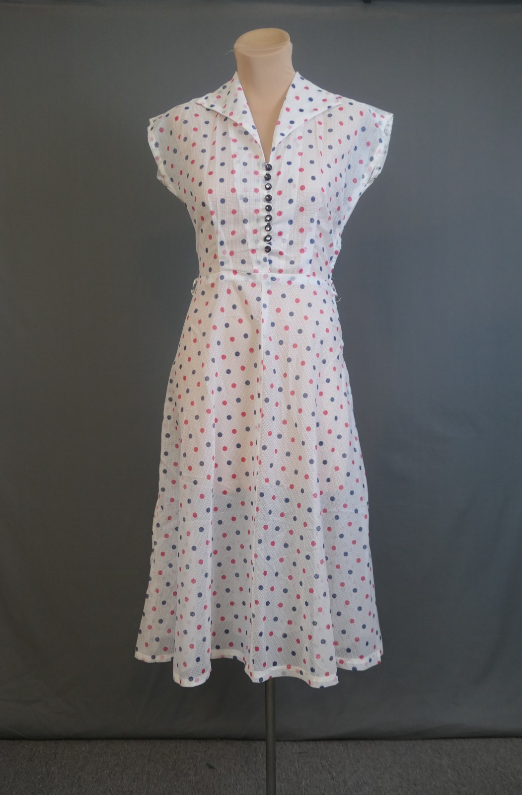 Vintage Sheer Polka Dots 1950s Dress, A-line Skirt, 34 bust, White, Pink & Grey