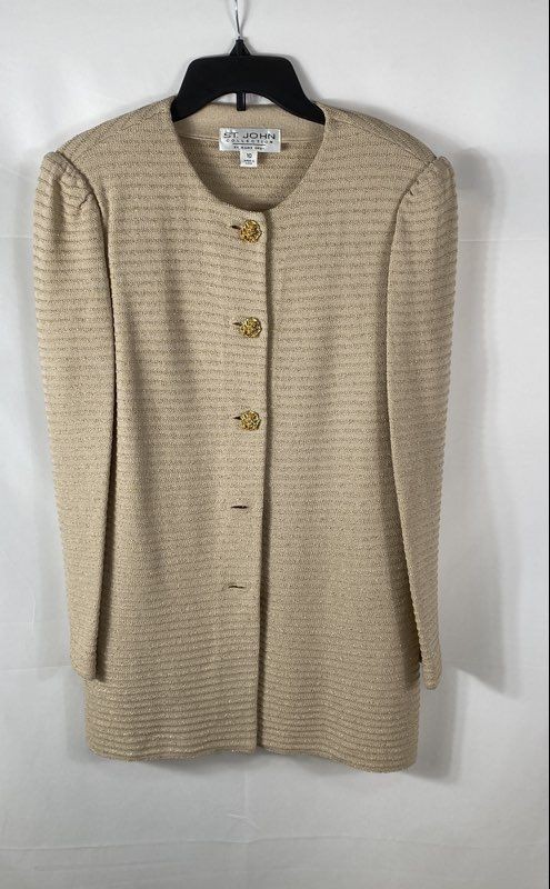 Vintage 90s St John Marie Gray Women’s Beige Gold Metallic Knit Jacket Sz 10