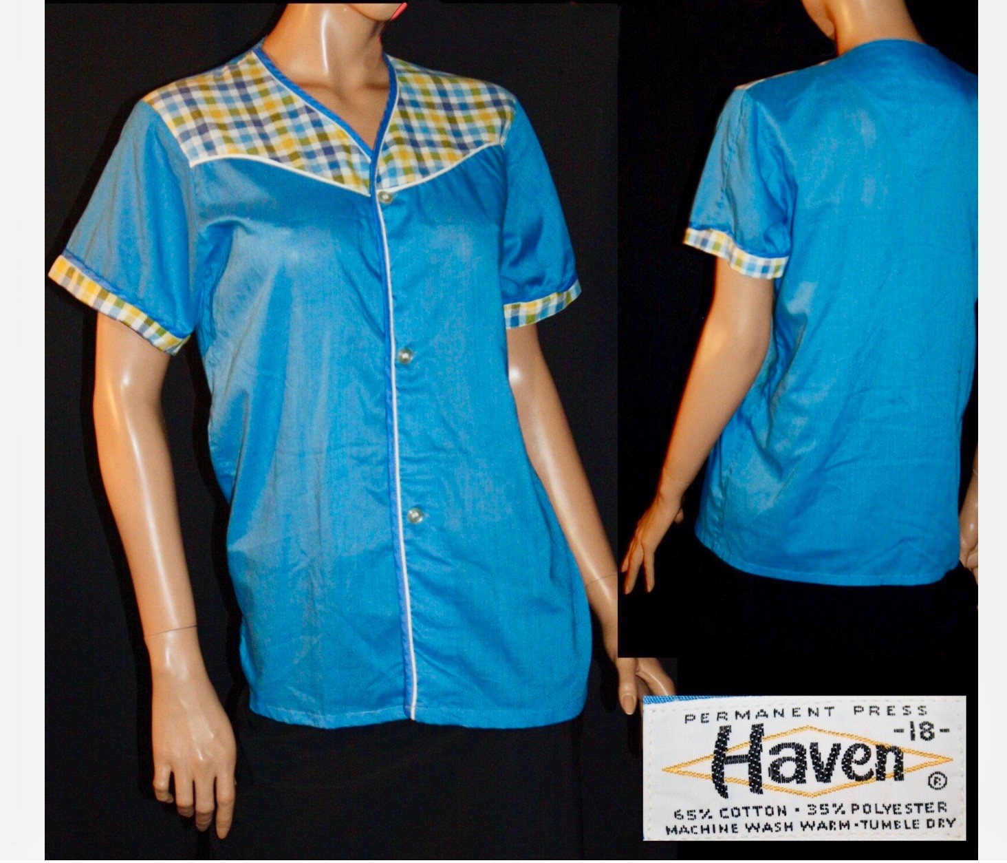 VTG 50s 60s Hairdresser/Cafeteria Retro Cotton Blue & Plaid Button Up Top~18