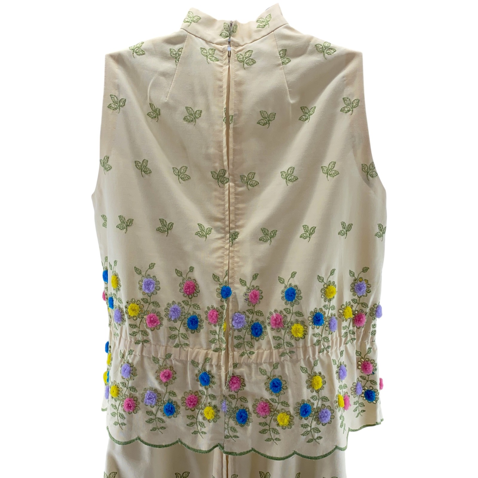 Bonwit Teller Vintage Skirt Set Medium Beige Green Eyelet Lace Leaves Pom Poms