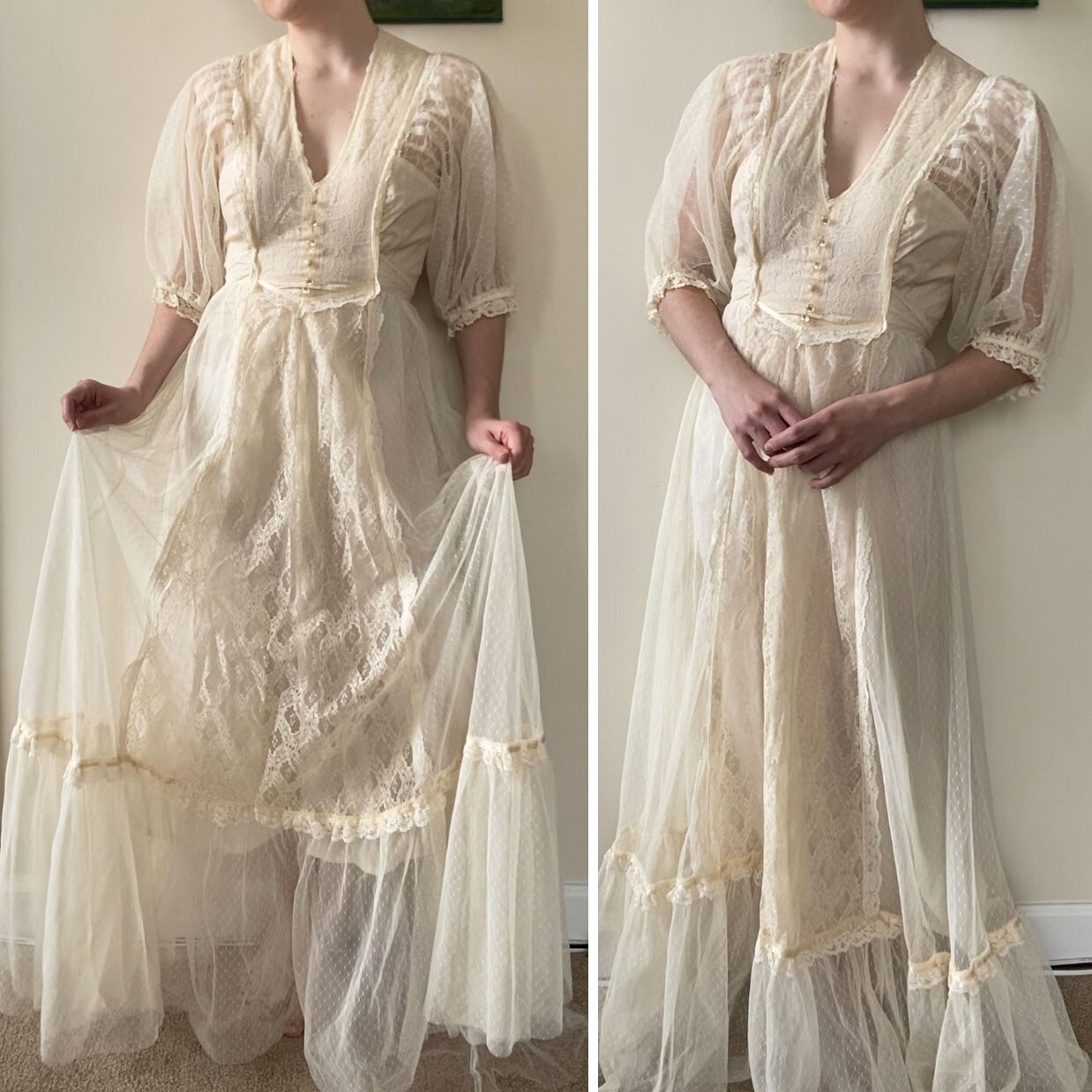 Vintage Jody T Of California Cream Lace Maxi Prairie Dress, Puff Lace Sleeves 7