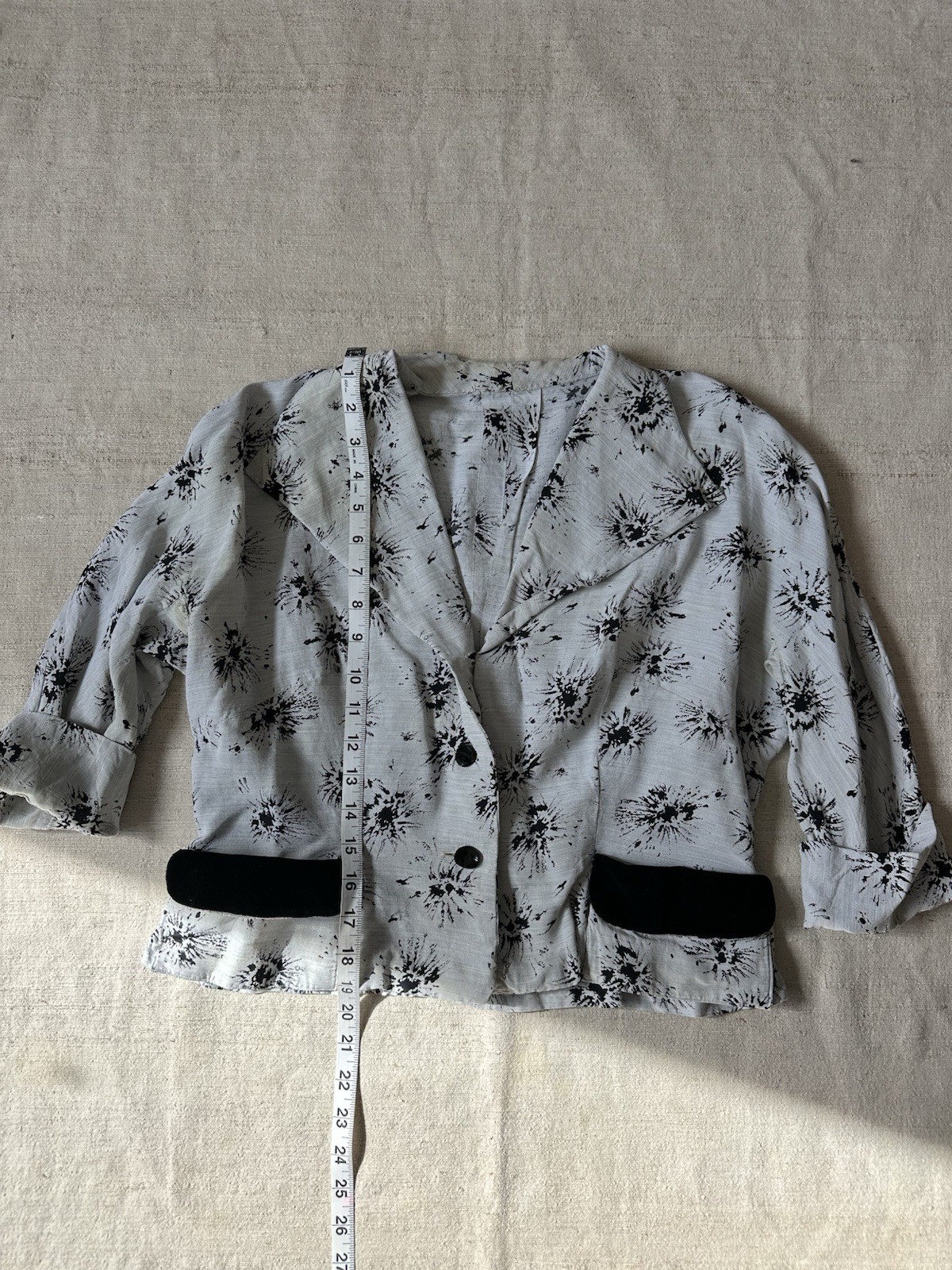 1940s Vintage French Rayon Jacket Blouse Grey Printed Top Womens Medium