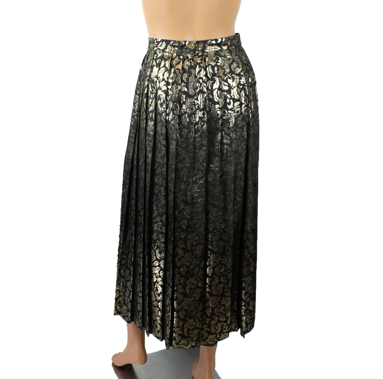 Vintage Pleated Skirt Sz S Long Black Metallic Gold Leaf Brocade Appleseeds Maxi