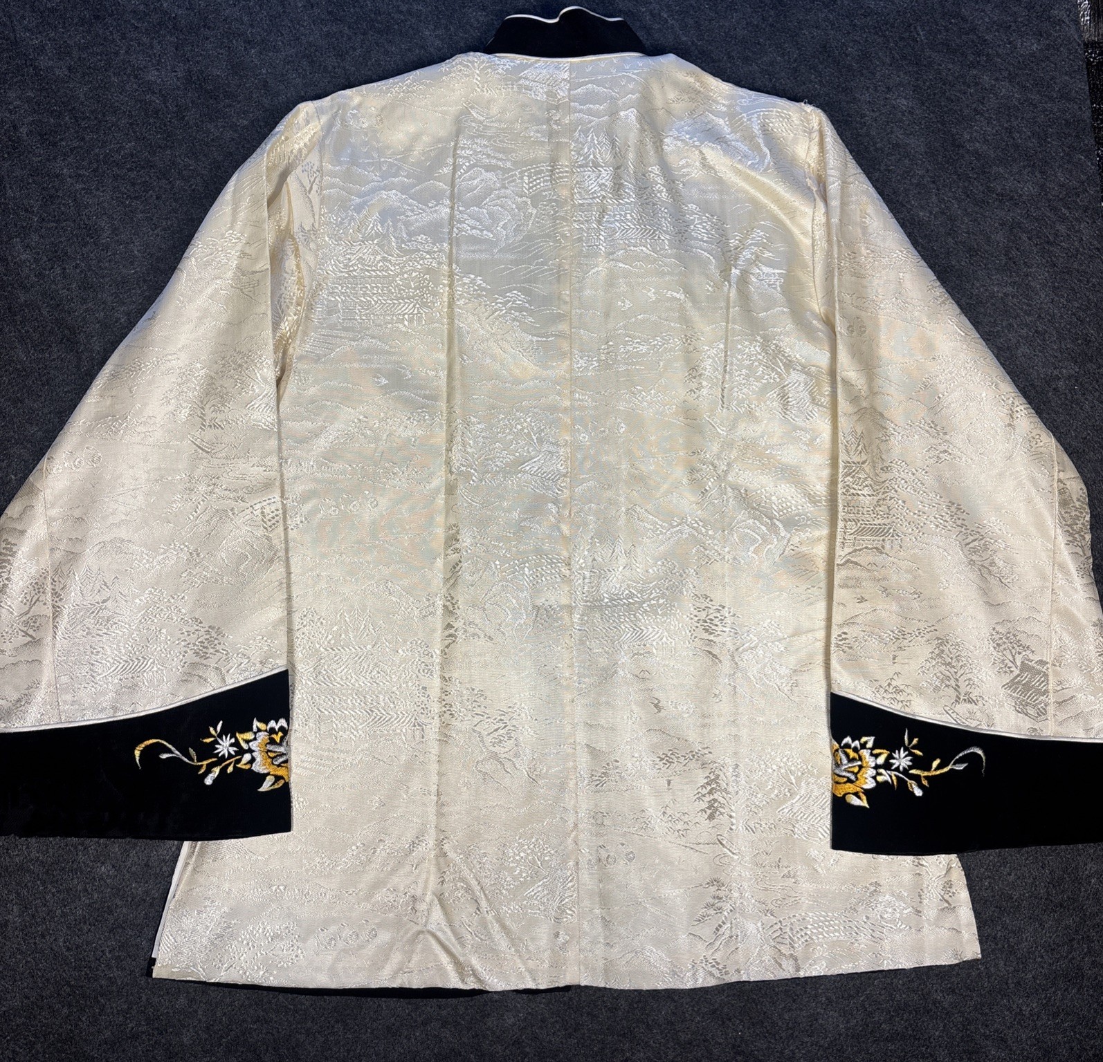 50’s Women’s Korean Jacket Silk Jacquard Black ~ Cream Orange ~ White Flowers