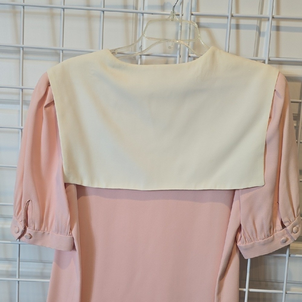 Vintage Pink Pleated Front Midi Dress with White Collar Pit To Pit 17.5″
