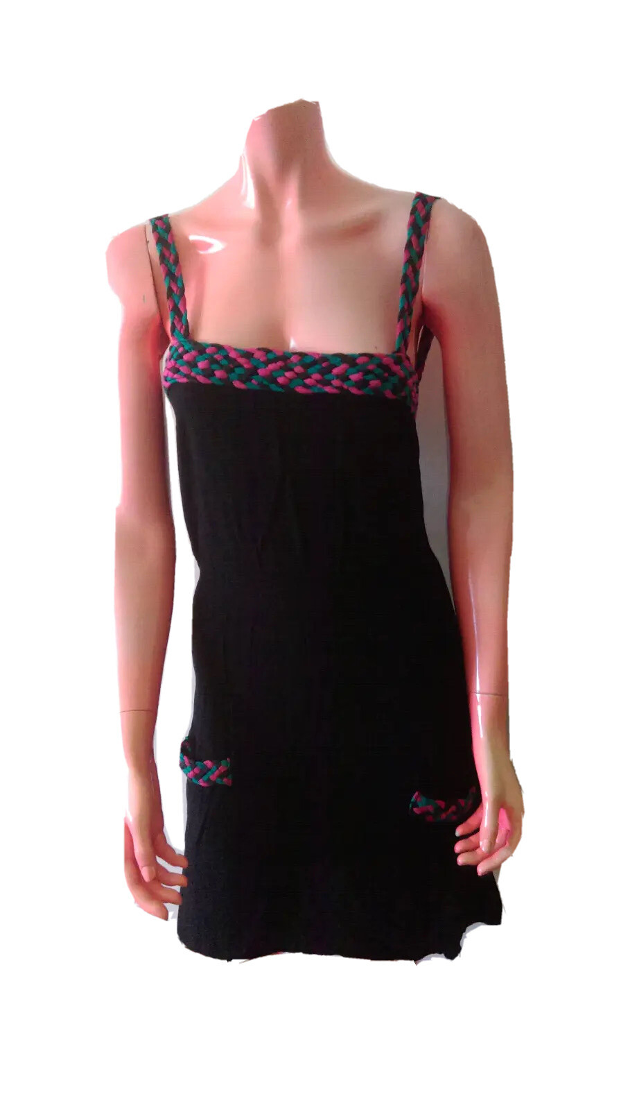 FRANKIE Sleeveless Slim Black Pink Green Chunky Knit Trim Dress Size S good cond