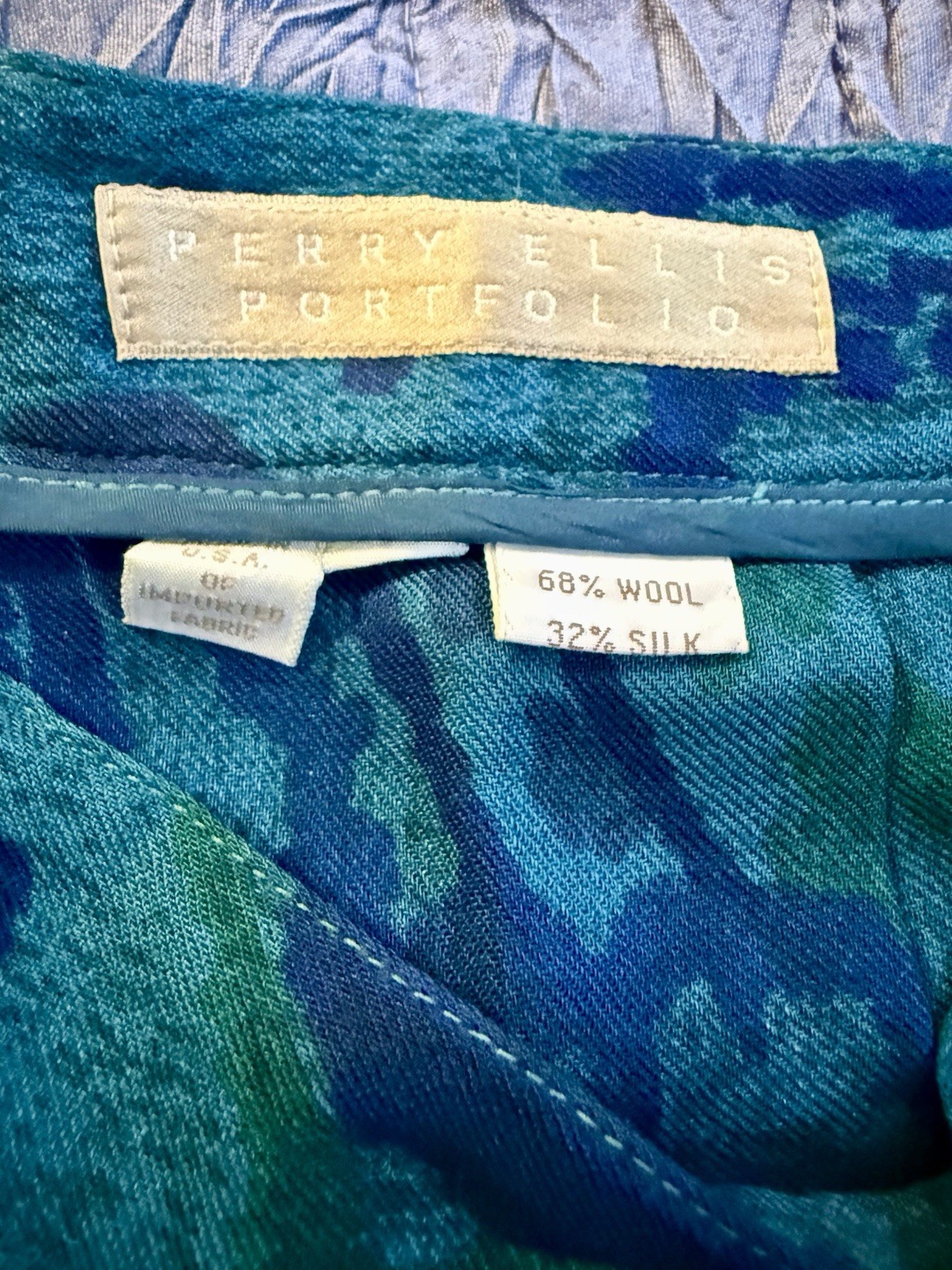 VTG Perry Ellis Wool Silk Paisley Skirt 14 Midi Green Blue Golden Girl Core 80s