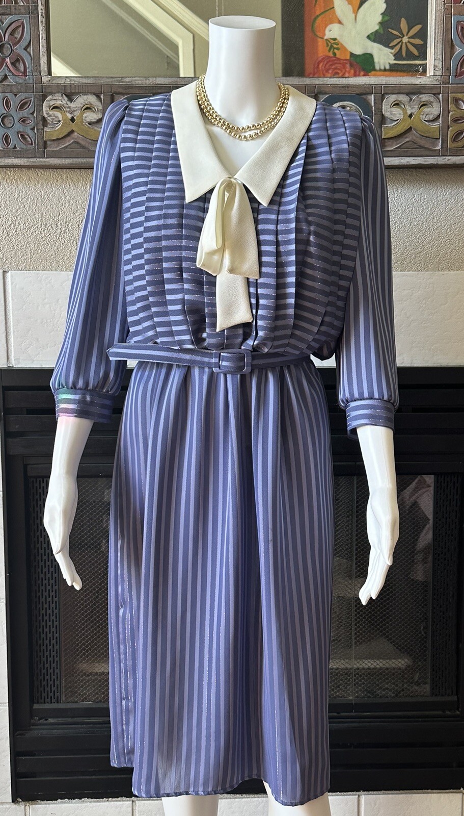 Vtg 80s JSJ Belted Dress Womens Polyester Blue Dynasty Style 34” Bust 28” Waist