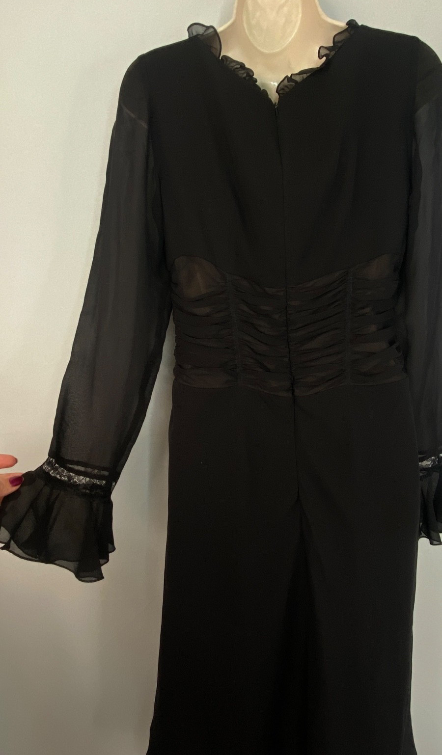 Vintage 1990s black MODA INTL silk dress 8 long flounce sleeve sheer midi ruffle