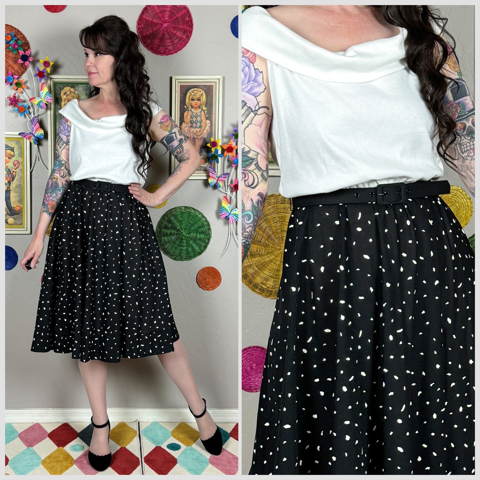 Vintage 1970s Black and White Off The Shoulder Fit and Flare Midi Dress | M/L