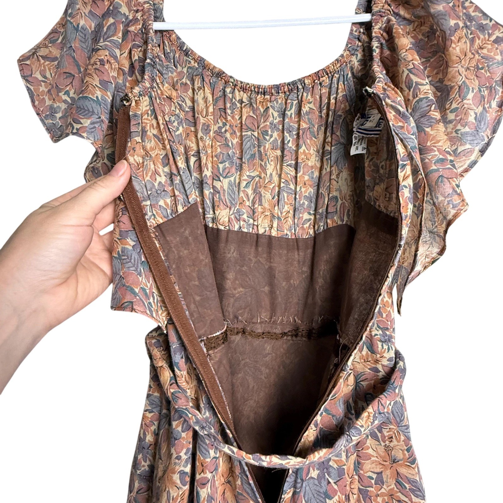 Vintage 70s Samuel Blue Floral Brown Ruffle Midi Dress Small Cottagecore Boho
