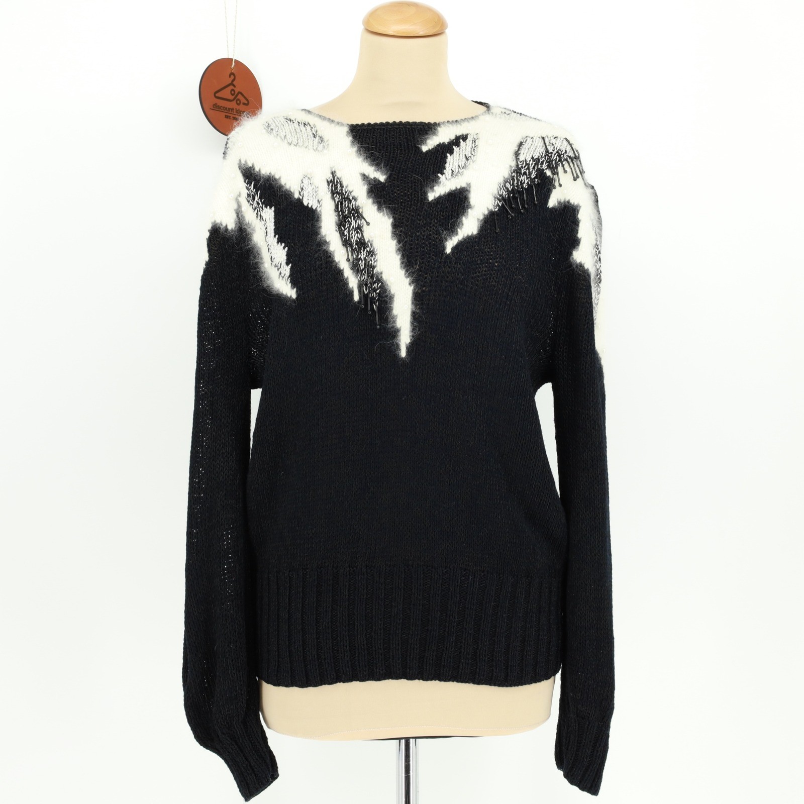 Vintage Magnolia Black White Angora Beaded Pearl Knit Sweater Womens Size Medium