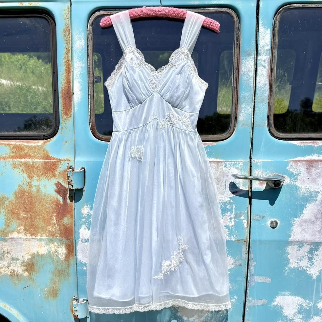 50s Laros blue double layer peignoir nightgown dress w/ sweetheart bust