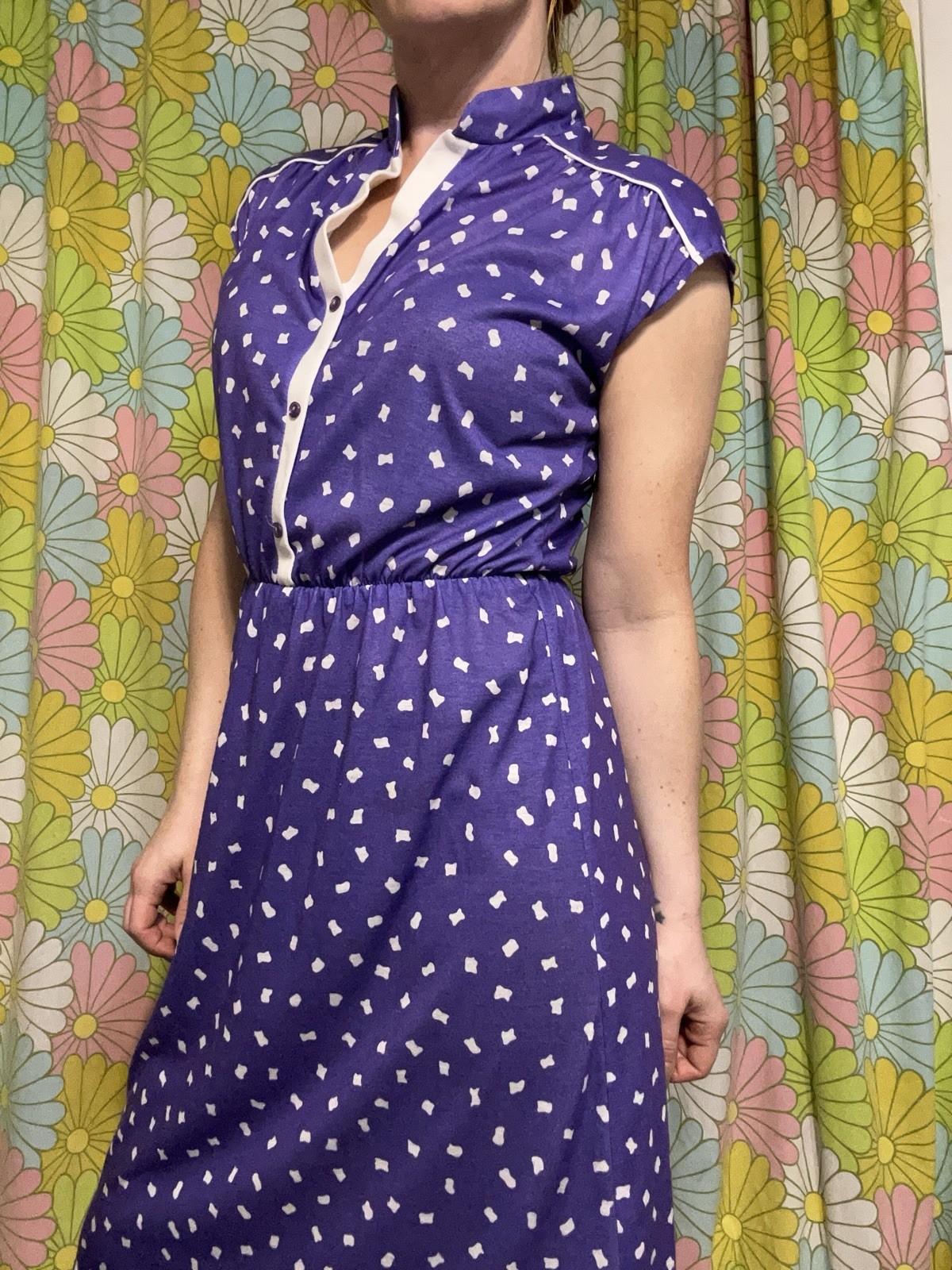 Vtg Shirtwaist Midi Day Dress Geo Dot Print Purple Retro Rockabilly Mod UNION MD