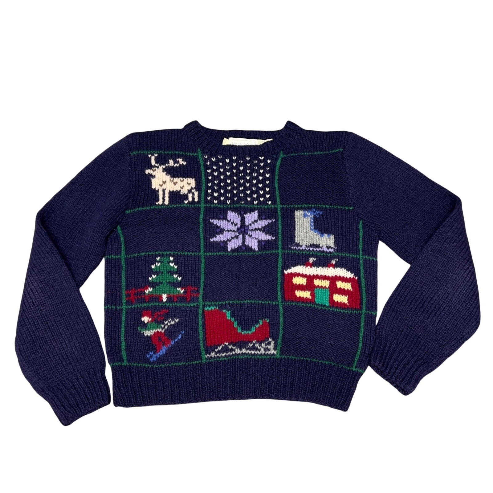 The Eagles Eye Hand Knit Shetland Wool Christmas Sweater Navy Winter Scene Ski