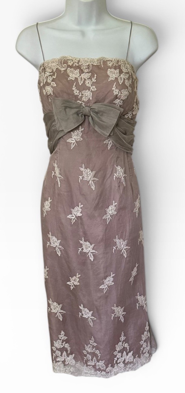 Vintage 60s Lee Claire NY Embroidered Lace Party Dress S Beige Bow Metal Zip