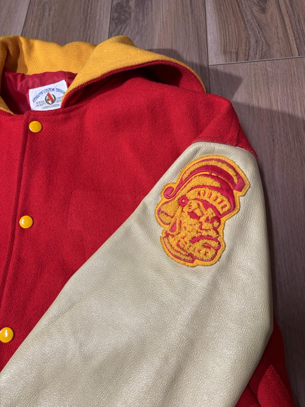 Vintage Letterman Jacket Red Yellow Trojan Woman’s Size L/XL Sailor Collar