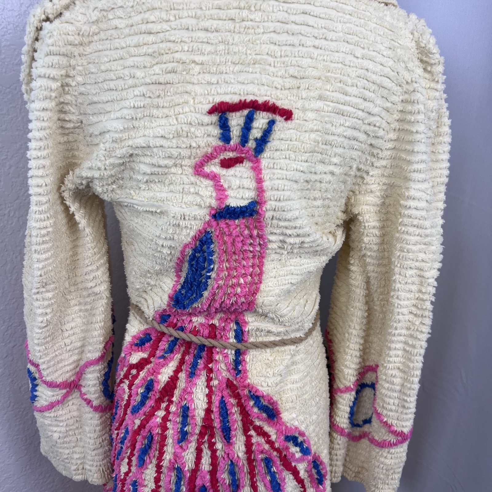 Vintage Peacock Chenille Bath Robe Long Yellow Housecoat Cottage 40s 50s READ