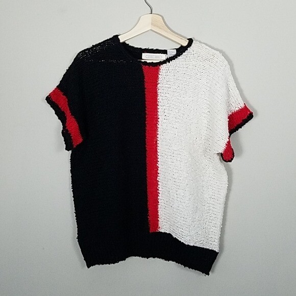 Vintage color block red white black tee sweater – VTG knit tshirt short sleeved