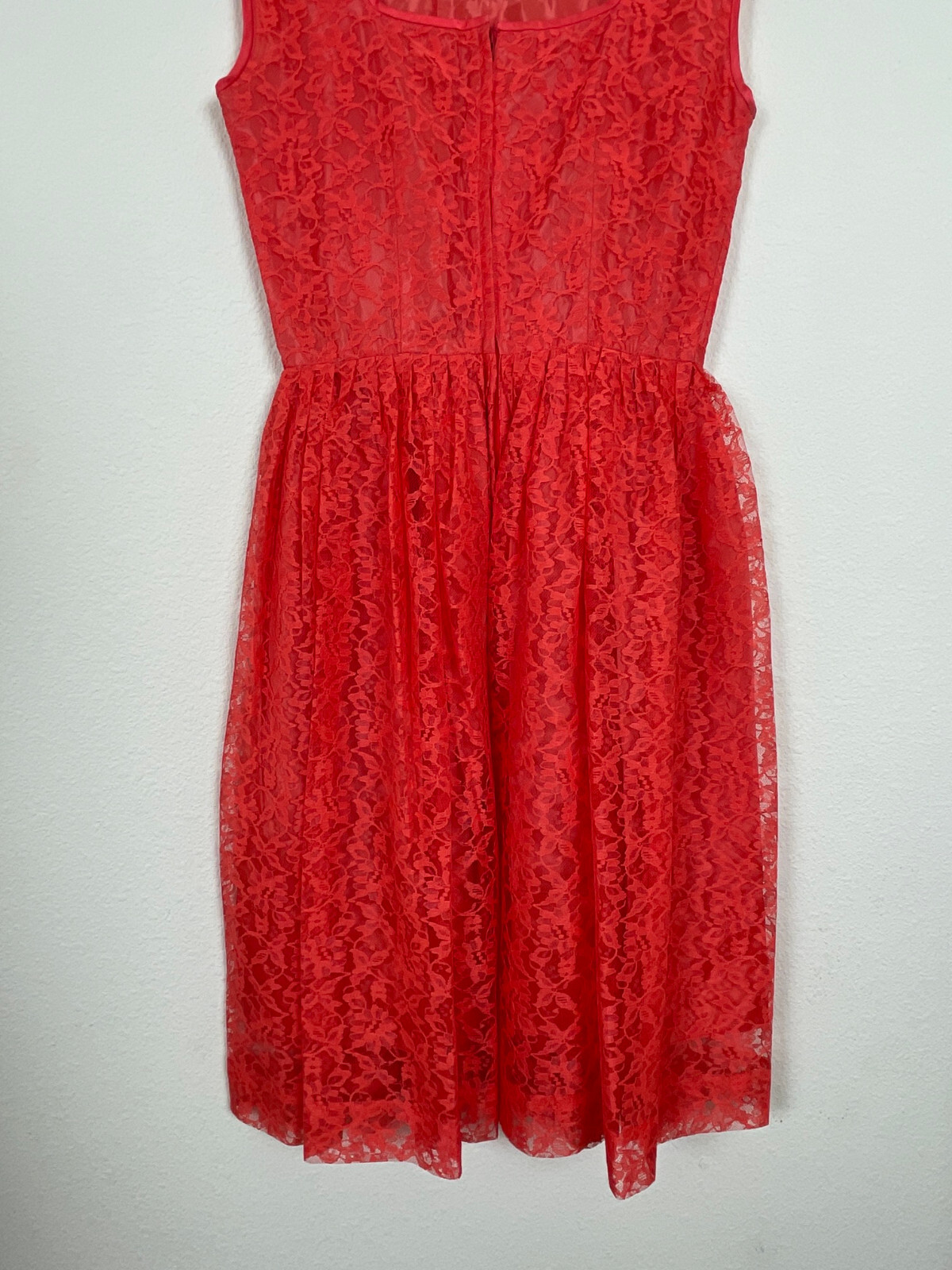 Vtg 50s CORAL LACE Dress J. Harlan Rockabilly Pinup Red Party Sheer Sexy 1950s