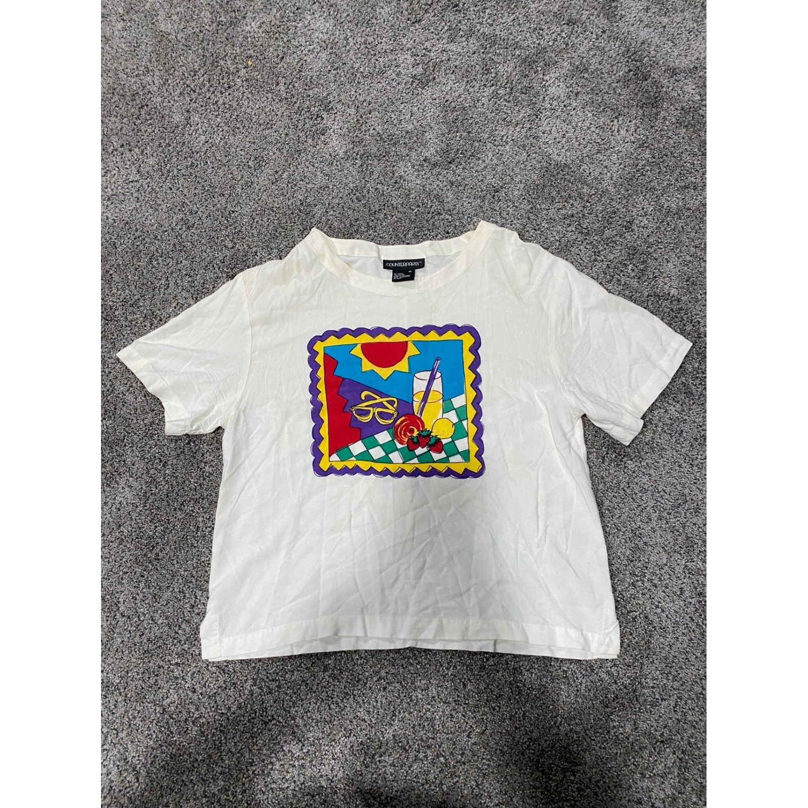 Vintage Counterparts White Rayon Graphic T-Shirt Pop Art Summer Scene Womens M