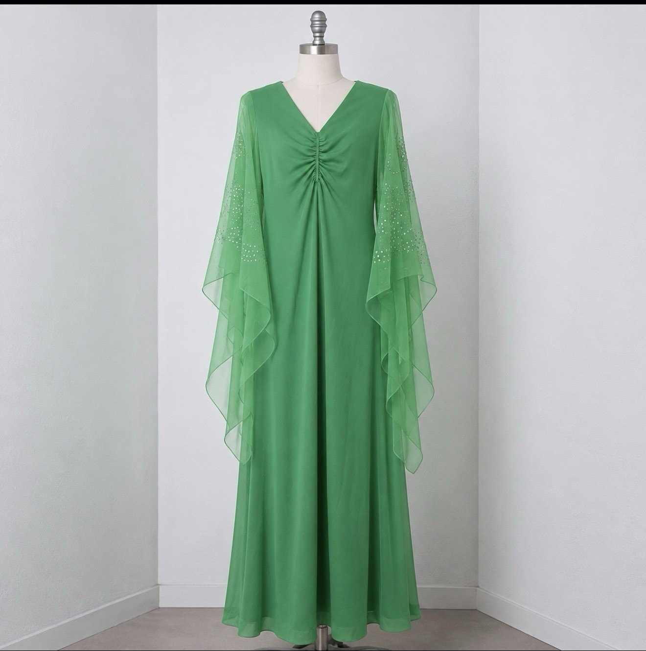 Vtg 70s Green Angel Wing Maxi Dress Rhinestone Chiffon Sleeve ILGWU Union Made