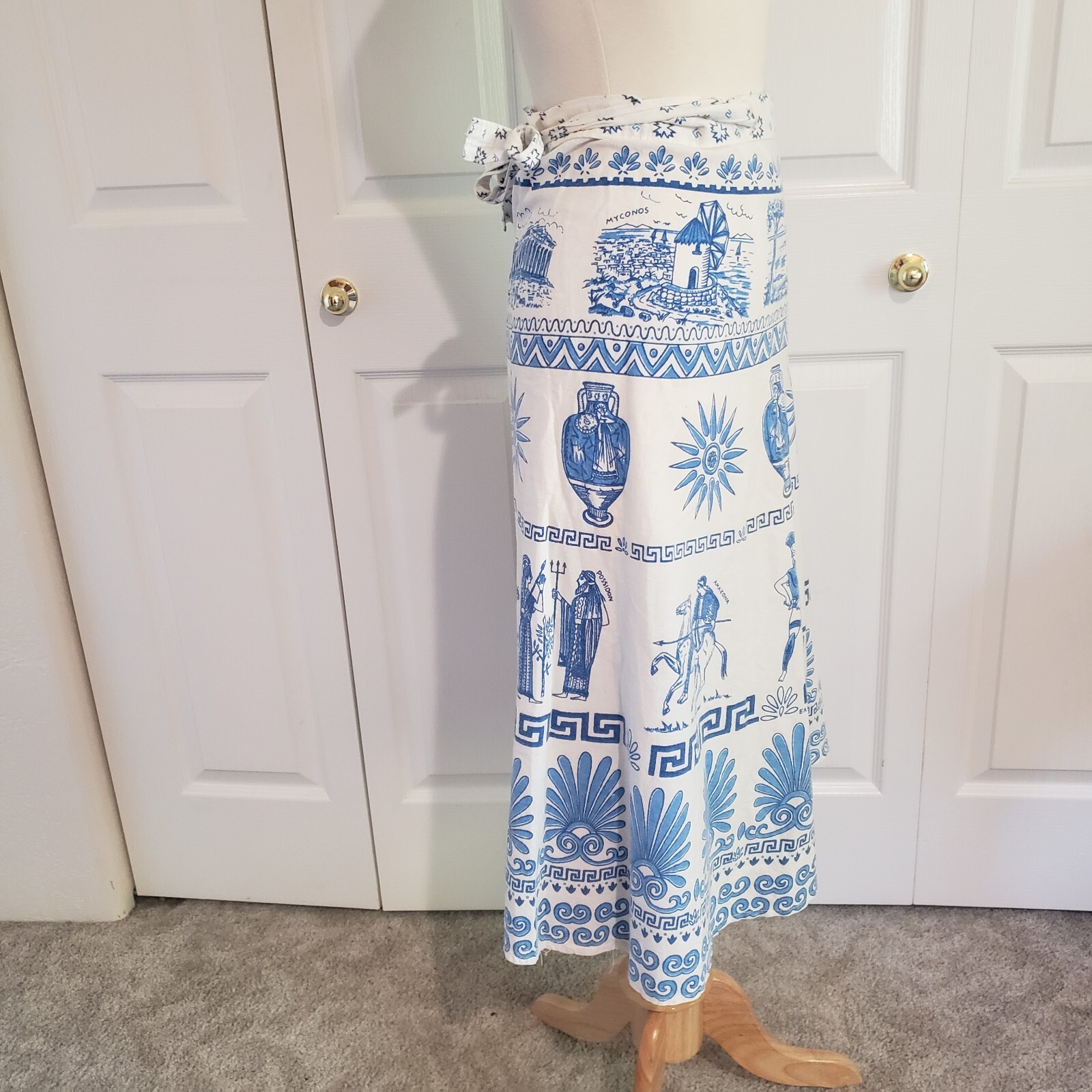 Vtg 1970s Greek Greece Novelty Wrap Skirt Blue White Cotton Size Medium