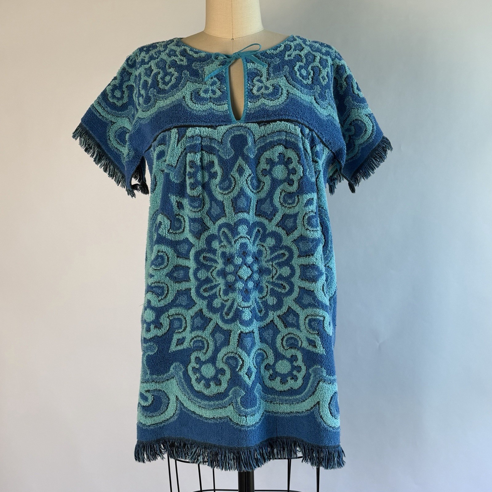 Vintage MCM Cotton Martex Sculpted Terry Towel Tunic/ Coverup Fringe Trim S