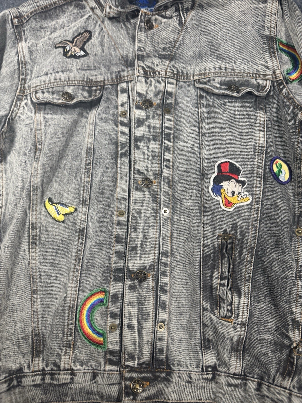 Vintage Canyon River Blues Acid Wash Denim Jacket with Multi-Theme Patches XL