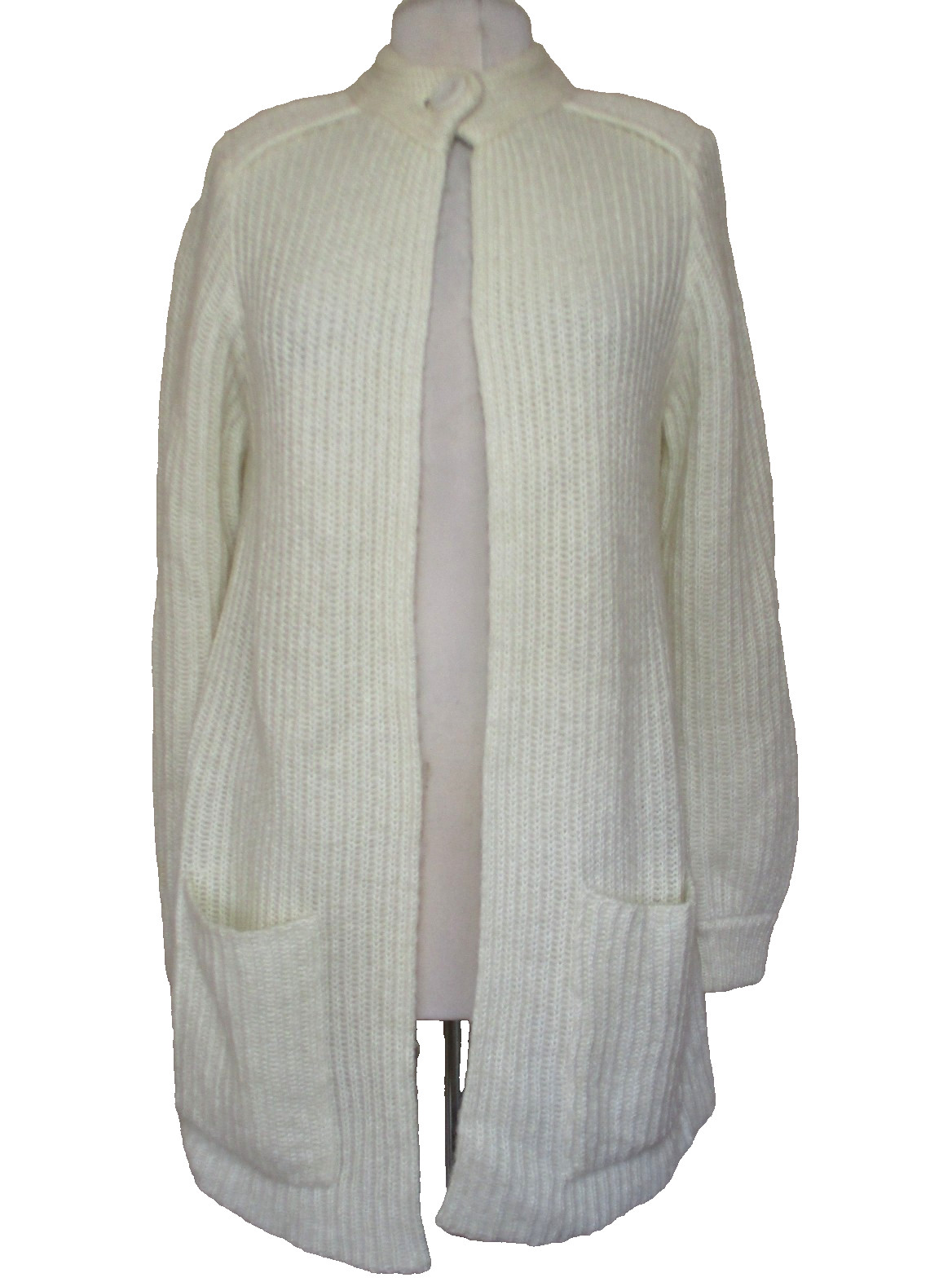 Vintage 70s Open Front Cardigan Sweater S Women Ivory Ribbed Acrylic/Wool Knit