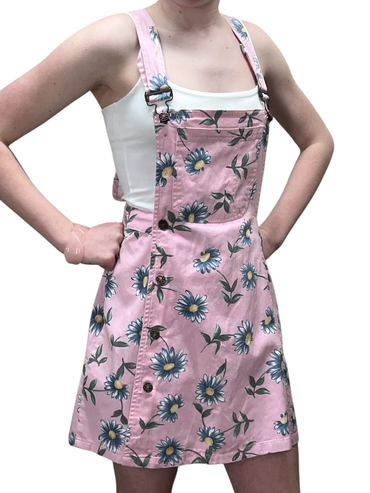 NOS Vtg 80s S/M Bib Pink Denim Skort Suspender Flap Shorts Playsuit Blue Daisies
