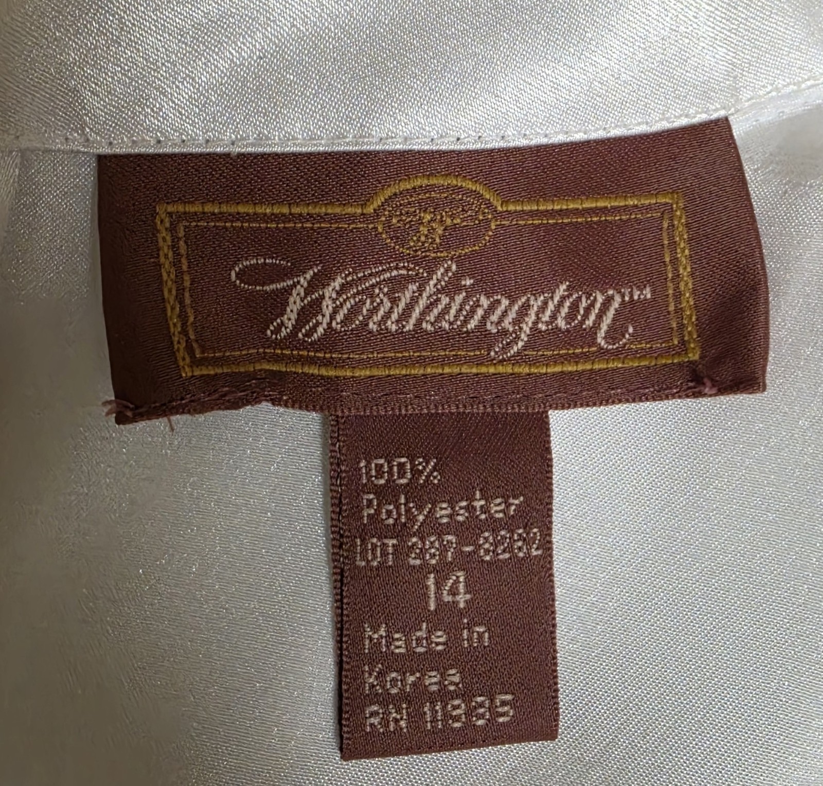 Vintage Worthington White Glossy Satin Pleated Blouse Button Back Long Sz 14