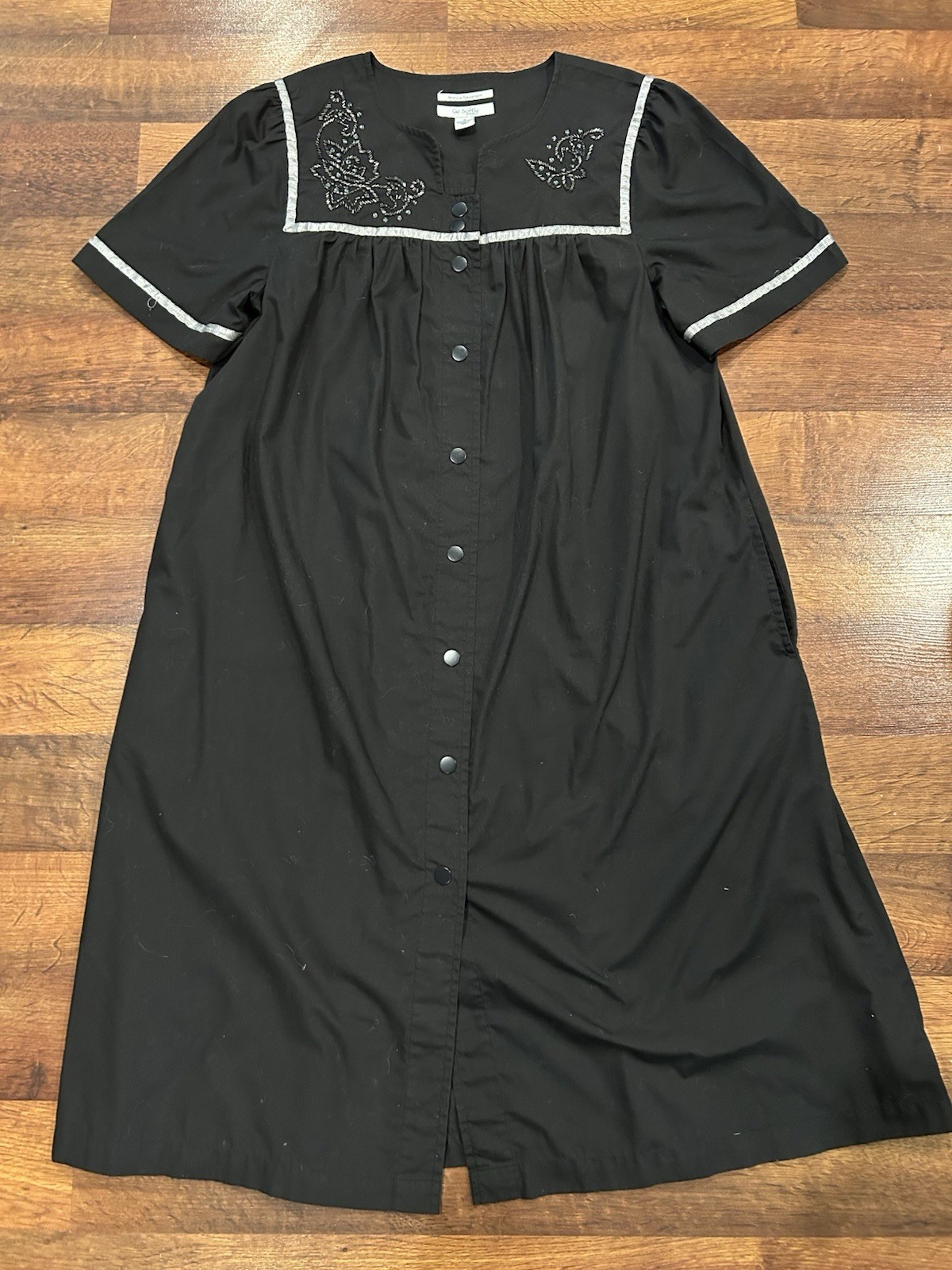 Vintage Go Softly Patio House Dress Black Embroidered Beaded Full Snap Small