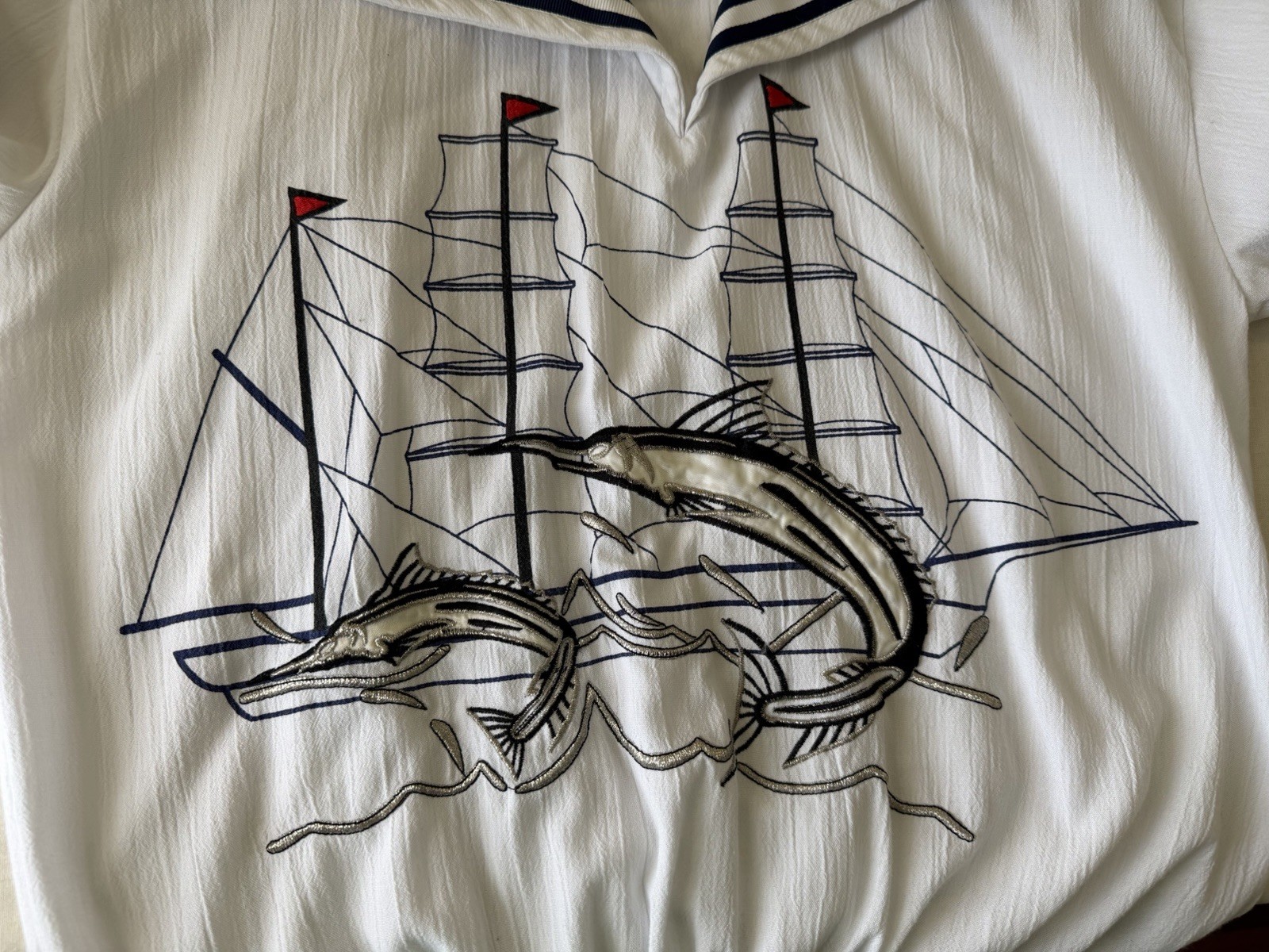 Vintage 80 Embroidered Adolfo Nautical Sailor Sail Boat Swordfish Marlin Top L