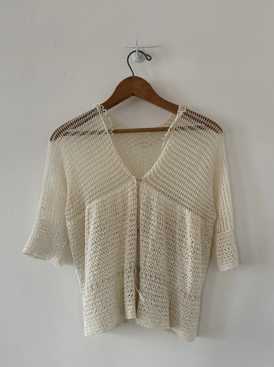 Antique Edwardian 1910s 1920s Ecru Rayon Crochet Knit Top/Sweater Ruffle Edging