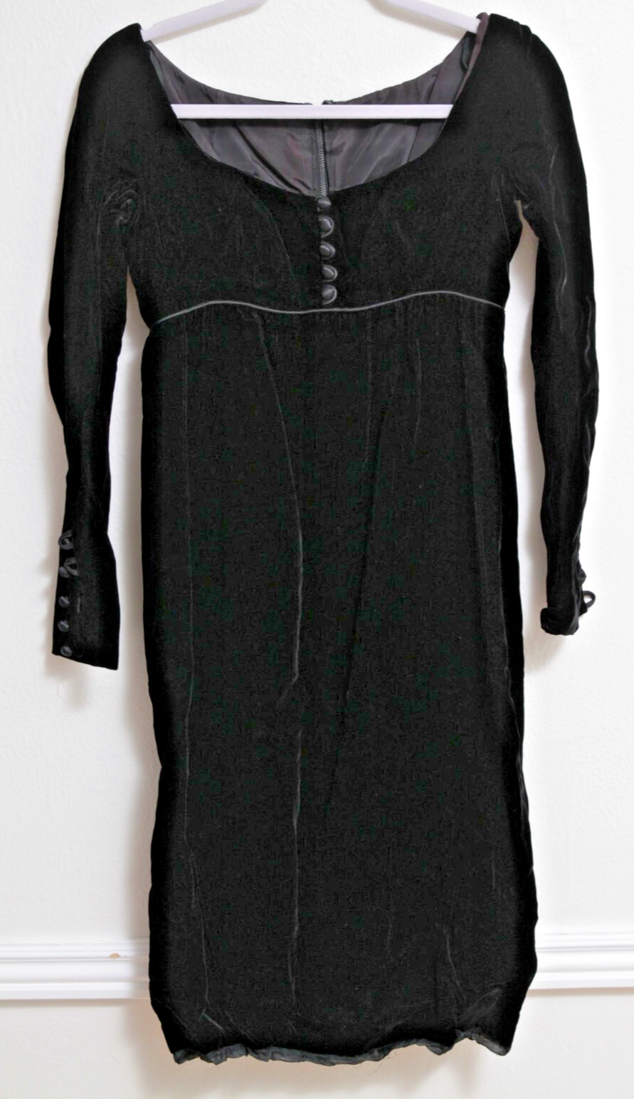 Vintage I. Magnin Black Velvet Dress Zipper Button Sleeves Empire Waist Size Sm