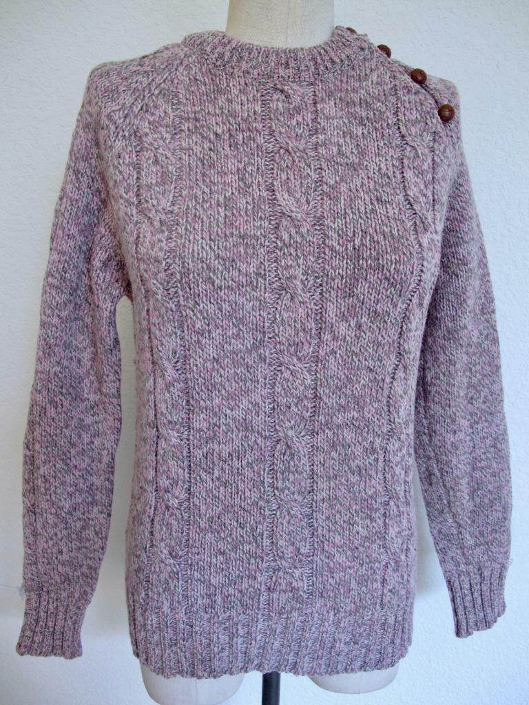 Vintage Carroll Reed Ski Shops Wool Cable Sweater S M Pink Taupe Leather Button